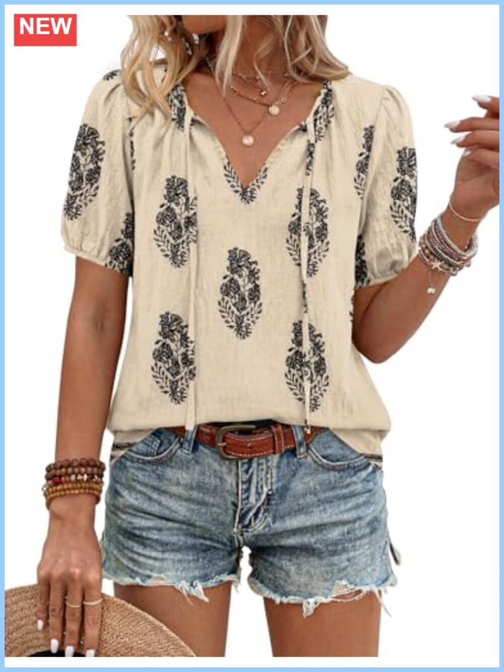 Boho Peasant Blouse Women Short Sleeve Tie Front Rayon Top
